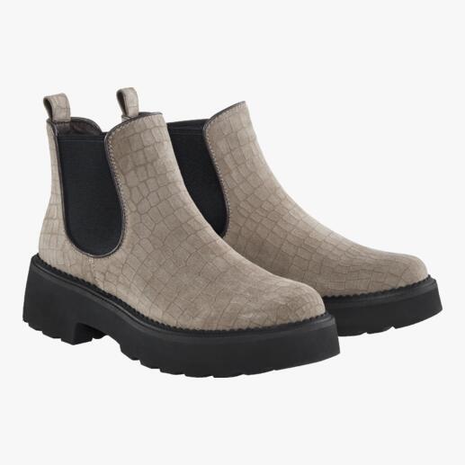 Die modischen Chelsea-Boots von Green Comfort - so bequem und leicht wie Pantoffeln. Mit stossdämpfender Hightech-Sohle und trendiger Reptilien-Optik.