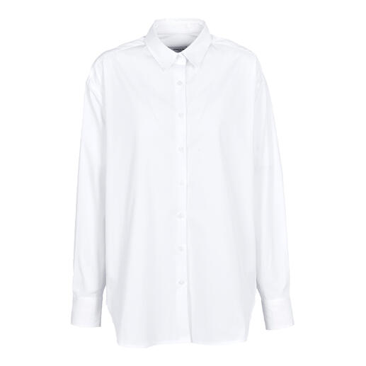 Weiße Basic-Oversize-Bluse in Größe 34 mit Kragen und Knopfleiste.