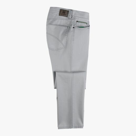 Graue Canvas-Five-Pocket-Hose in seitlicher Ansicht.