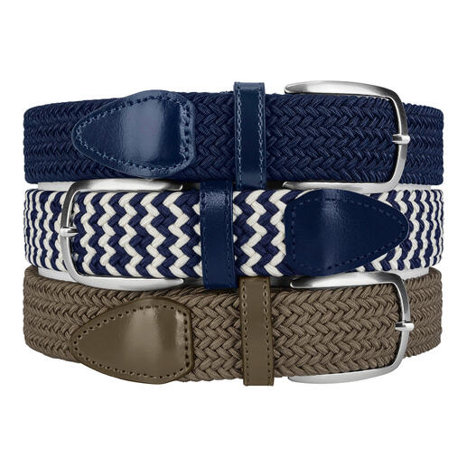 Drei elastische Gürtel in Blau, Beige und Navy mit verschiedenen Metallgürtel