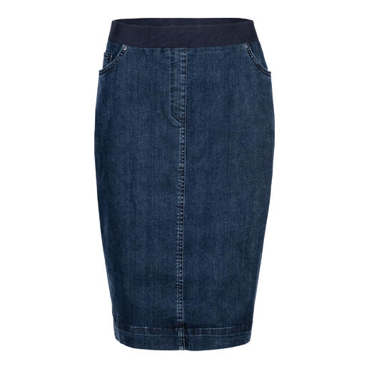Vorneansicht eines blauen Jeansrocks mit elastischem Bund und schmaler Form.