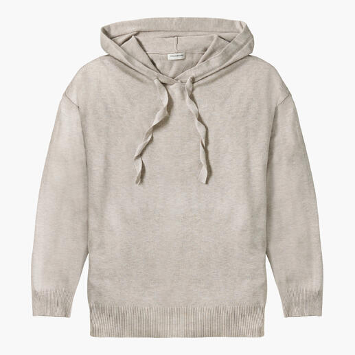 Beige Hoodie mit Kängurutasche und gekordelten Schnürsenkeln.