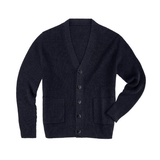 Vorderansicht eines navyfarbenen Cardigans mit Taschen und Knöpfen