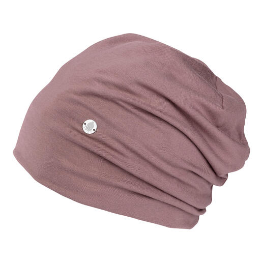 Rosafarbenes Ganzjahres-Bambus-Beanie seitlich mit Logo.