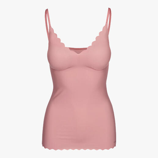 Roséfarbenes BH-Top mit Spitzenrand in Vorderansicht.