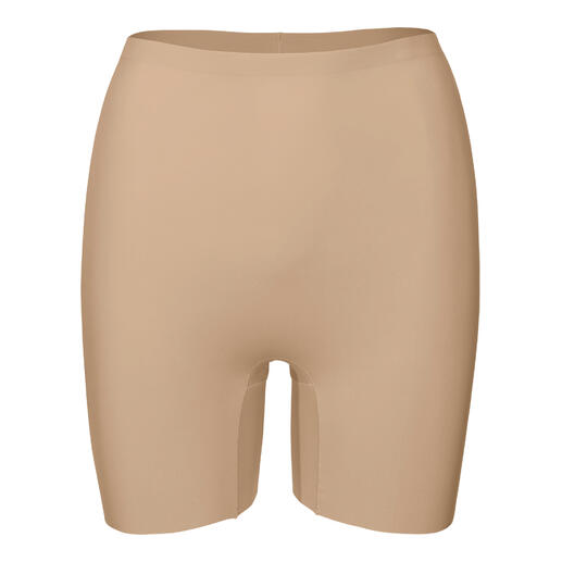 Vordere Ansicht der beige Bum-Lift-Shorts.