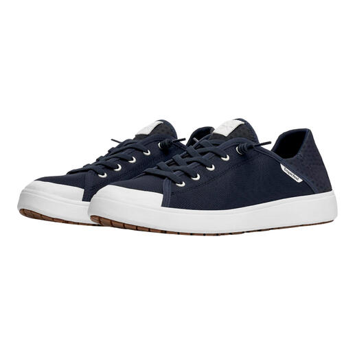 Dunkelblauer Tropicfeel Sunset-Sneaker, von der Seite gesehen.
