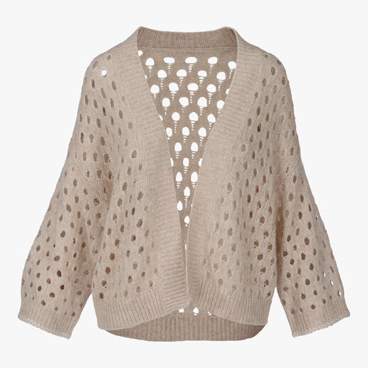 Beiger Kaschmir-Leinen-Cardigan mit Ajour-Muster.