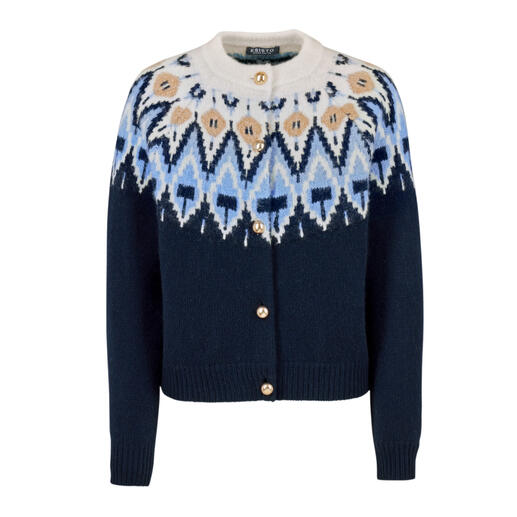 Dunkelblauer Norweger-Cardigan mit Mustern, formeller Stil.