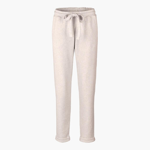 Beige Sweatpants mit einem elastischen Bund auf einem weißen Hintergrund.