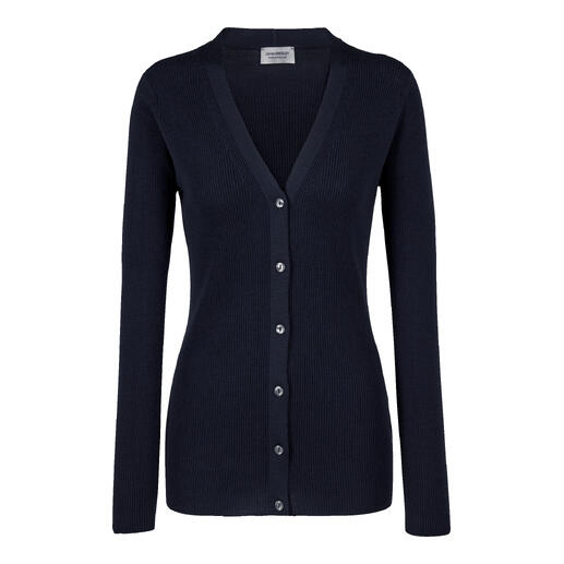 Dunkelblaue Strickjacke mit V-Ausschnitt und Knöpfen.