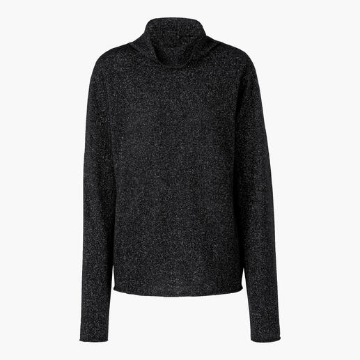 Der Pullover mit Edelglanz, Federleicht-Gefühl und Kaschmir-Komfort. Luxuriöse Naturfasern und hauchfeines Lamé: wenn Glamour plötzlich kuschelweich wird. Schwarzer Glamour-Pullover für Damen, Vorderansicht.