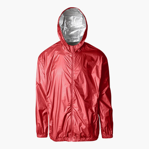 Rote Regenjacke mit Kapuze, frontal sichtbar.