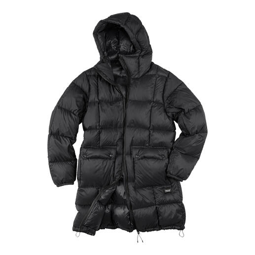 Taion Daunen-Parka in Schwarz auf weißem Hintergrund.
