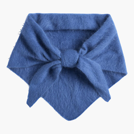 Blaue Kaschmir-Halstuch mit Knoten in der Mitte.
