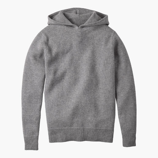Der luxuriöse Boiled-Cashmere-Hoodie im aktuellen Oversized-Stil. Wie wird erlesenes Kaschmir noch weicher, noch wärmer? Einfach heisses Wasser zufügen. Grauer Boiled Cashmere H-Hoodie auf hellem Hintergrund