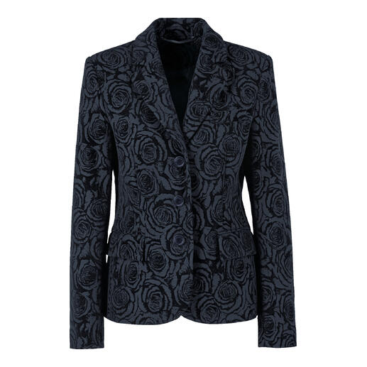 Rosen-Flanell-Blazer in Schwarz mit floralem Muster