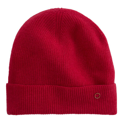 Rote Kaschmir-Beanie aus geripptem Stoff, flach liegend