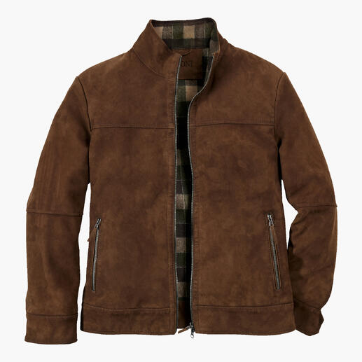 Braune Thermo-Velourslederjacke mit Reißverschluss und zwei Seitentaschen.