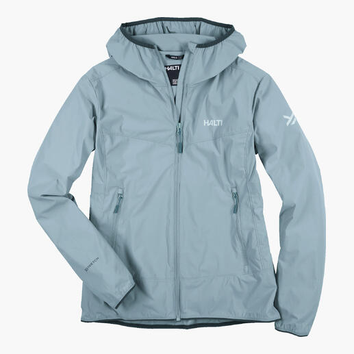 Petrolfarbene Softshelljacke mit Kapuze und Reißverschluss