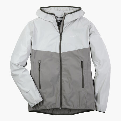 Ultralight-H-Softshelljacke in Grau, an einem Kleiderbügel.