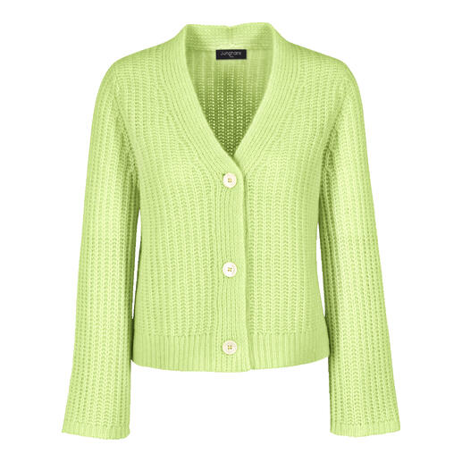 Heller, grün strukturierter Cashmere-Cotton-Cardigan mit Knöpfen, frontal.