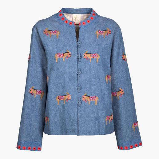 Jeansjacke mit Stickerei in Blau mit nostalgischem Design.