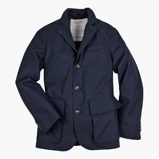 Lodenfrey Allwetter-Jacke in Dunkelblau, geöffnet, mit vielen Details sichtbar