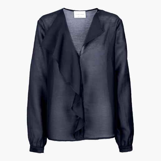 Dunkelblaue Lyocell-Musselin-Bluse mit lässigem Schnitt und drapiertem Kragen auf einem weißen Hintergrund.