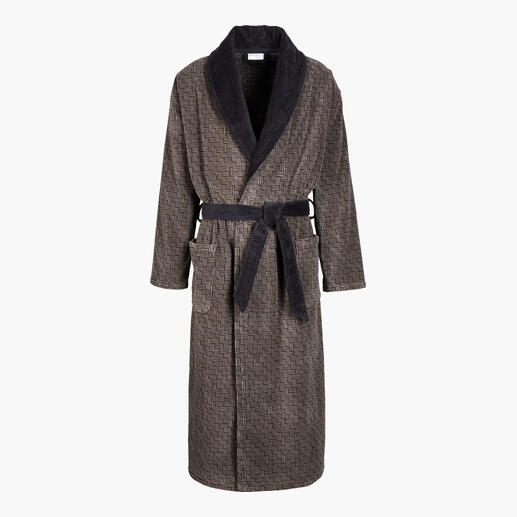 Jakcard-Bademantel in braun mit Gürtel auf weißem Hintergrund.