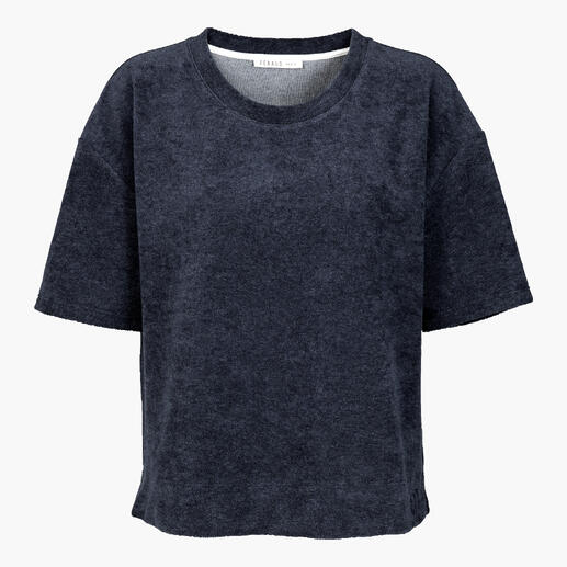 Frottee-Shirt in Dunkelblau mit kurzem, weiten Schnitt.