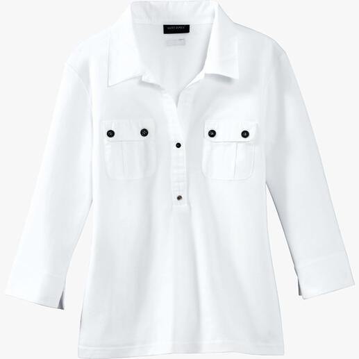 Das Blusen-Shirt von Saint James: Schick wie eine Bluse, aber vielseitig und pflegeleicht wie ein T-Shirt. Aus weichem Interlock-Jersey mit konfektioniertem Kragen, modischem 3/4-Arm und aufgesetzten Brusttaschen.