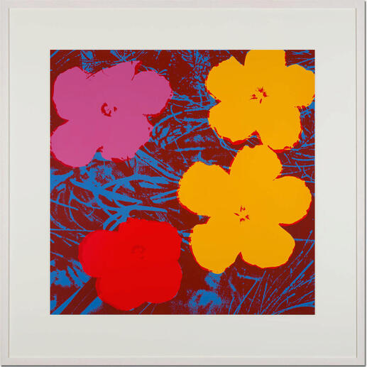 Bunte Blumen in Pop-Art-Stil auf rotem Hintergrund