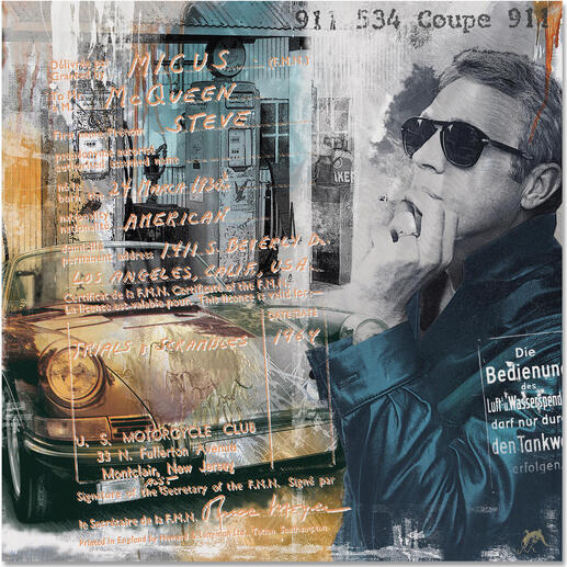 Collage mit einem Bild von Steve McQueen neben einem Auto.