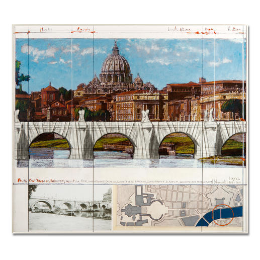 Christo – Ponte St. Angelo, Wrapped – Project for Rome, 1969-2011 Ein echtes Sammlerstück: Christos handübermalte und mit Stoff collagierte Collage. Geschützt hinter Acrylglas. Die letzten 8 Exemplare von „Ponte St‘Angelo“. Masse: gerahmt 72,5 x 64,2 cm