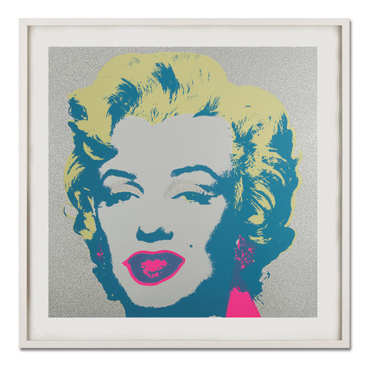 Andy Warhol – Marilyn Diamond Dust Andy Warhols Marilyn Monroe – mit glitzerndem „Diamond Dust“ veredelt. Siebdrucke aus der bedeutenden Sunday B. Morning Edition. Masse: gerahmt 112 x 112 cm