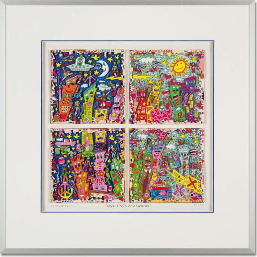 Buntes, gerahmtes Kunstwerk von James Rizzi, dargestellt in vier Abschnitten.