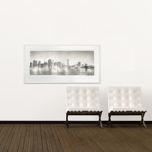 Das grossformatige Werk zeigt die Skyline der Insel Manhattan, die äusserst detailliert zu erkennen ist.