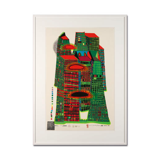 Buntes Kunstwerk von Hundertwasser mit stilisierten Gebäuden und Mustern.