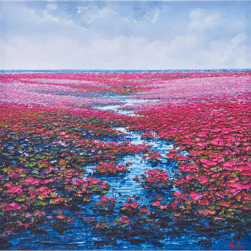Rosa Wasserlilien auf einem blauen See im Sonnenlicht