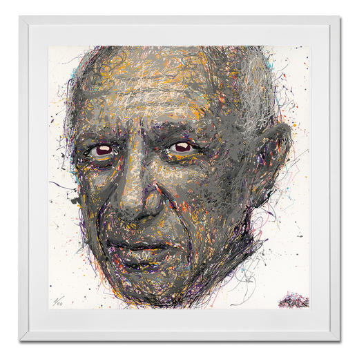 STALE – Think different/Picasso STALE: Senkrechtstarter dank weltweit einzigartiger Technik. Bemerkenswertes Picasso-Portrait im Action Painting erschaffen. 40 Exemplare. Masse: gerahmt 72 x 72 cm