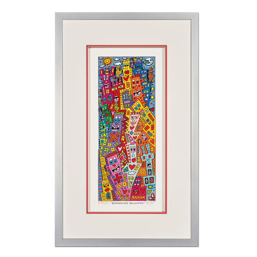 James Rizzi – Borderless Buildings 3D-Papierskulpturen des verstorbenen James Rizzi. 50 Exemplare. Masse: gerahmt 24 x 40 cm