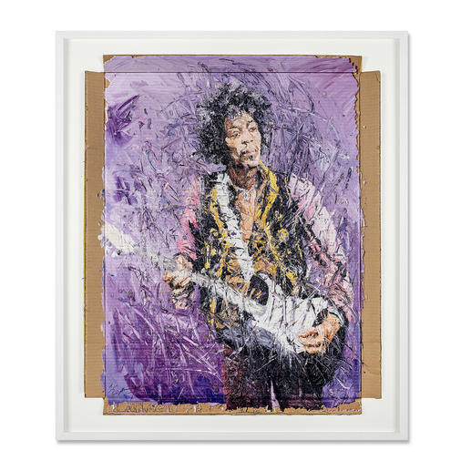 Oliver Jordan – Jimi Hendrix Oliver Jordans zweite Jimi-Hendrix-Auflage (die erste war nach kurzer Zeit ausverkauft). Exklusive Pro-Idee-Edition auf Kartonage. 20 Exemplare. Masse: gerahmt 92 x 108 cm