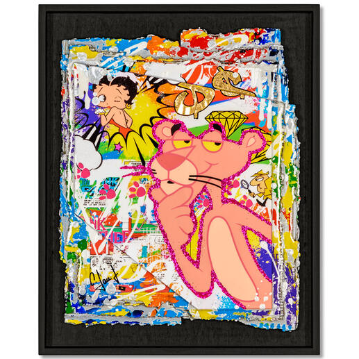 Christiane Janssen – Pink Panther Christiane Janssens einzigartige Pop- und Street-Art: 100 % in Handarbeit gefertigt.
Limitierte Edition mit Unikatcharakter. In Epoxy Coating verewigt. 
Masse: gerahmt 40 x 50 cm