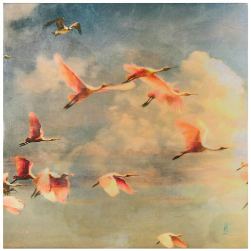 Agnete Sabbagh – Flamingos Jahrtausendealte Encaustic-Technik trifft auf moderne Fotokunst. Agnete Sabbaghs erste Edition – exklusiv bei Pro-Idee. Mit Wachs veredelt. Masse: 80 x 80 cm