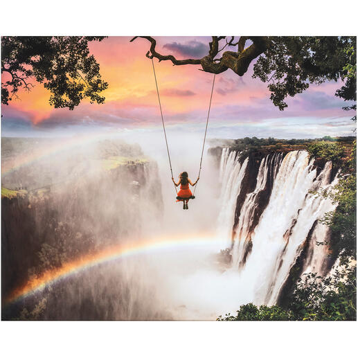 Robert Jahns – Victoria Falls Swing Robert Jahns: Einer der populärsten Instagram-Stars. Limitierte Pro-Idee Leinwand-Edition seines Buchcovers „Traumwelten“. Masse: 100 x 80 cm