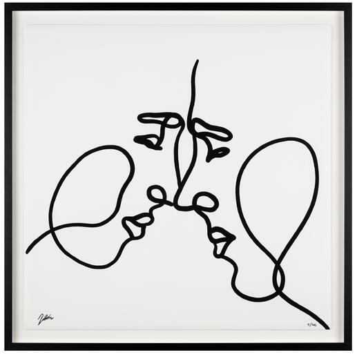 Schwarz-weiße Zeichnung mit verschlungenen Gesichtern in einem schwarzen Rahmen