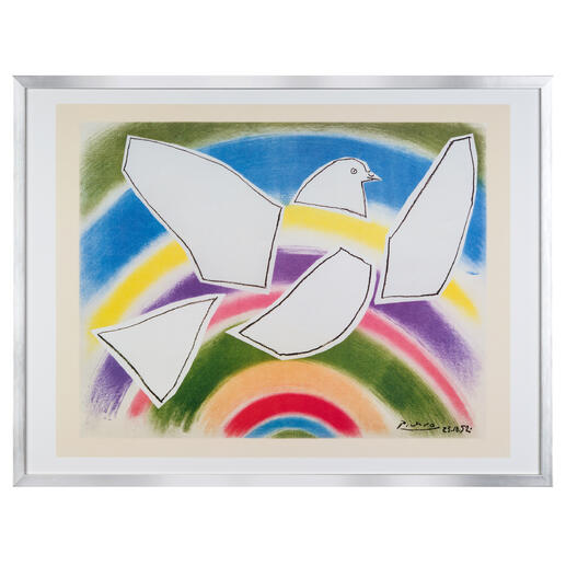 Kunstwerk mit einer fliegenden Taube vor einem Regenbogenhintergrund