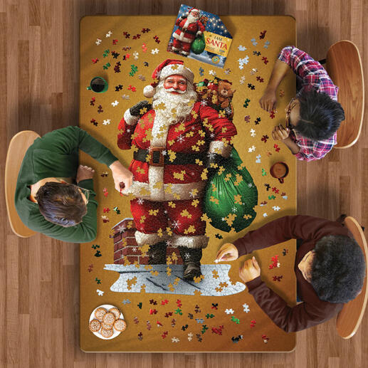 Motivkontur-Puzzle mit Santa Claus und Geschenken in bunten Farben.