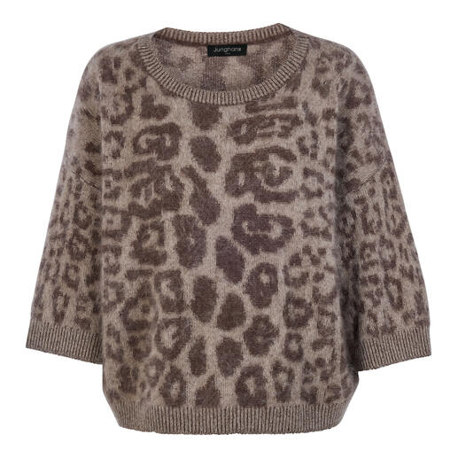 Brushed-Cashmere-Pullover mit Leo-Muster in Braun und Beige